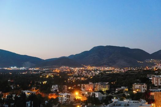 Night view of a village in mountains, landscape and nature scene