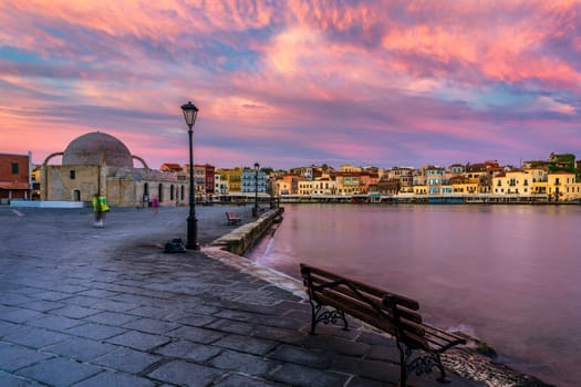 Picturesque old port of Chania. Landmarks of Crete island. Greece. Bay of Chania at sunny summer day, Crete Greece. View of the old port of Chania, Crete, Greece. The port of chania, or Hania. 