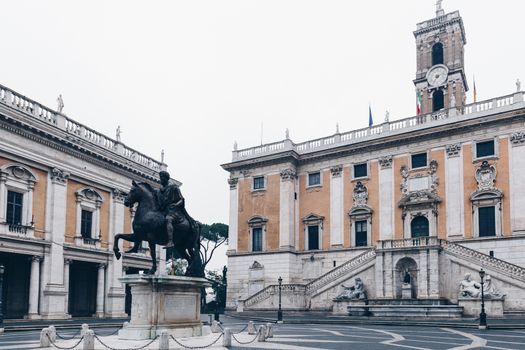 Piazza del Campidoglio, on the top of Capitoline Hill, with Palazzo Senatorio and the equestrian statue of Marcus Aurelius.
