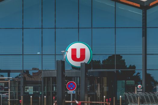 Bretignolles sur Mer, France - July 31, 2016: view of the entrance of a Super U store, a supermarket dependent on a cooperative of French retailers