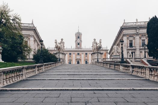 Cordonata staircase and white statues of Castor and Pollux in Piazza del Campidoglio (Capitoline Square) on the Capitoline Hill, Rome, Italy