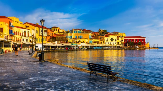 View of old port of Chania. Landmarks of Crete island. Greece. Bay of Chania at sunny summer day, Crete Greece. View of the old port of Chania, Crete, Greece. The port of chania, or Hania. 