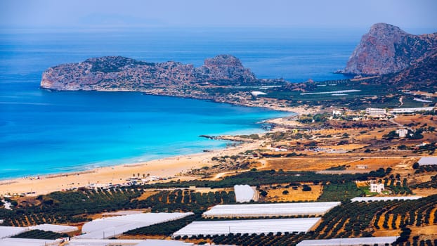 Shot of beautiful turquoise beach Falasarna (Falassarna) in Crete, Greece. View of famous paradise sandy deep turquoise beach of Falasarna (Phalasarna) in North West, Crete island, Greece.