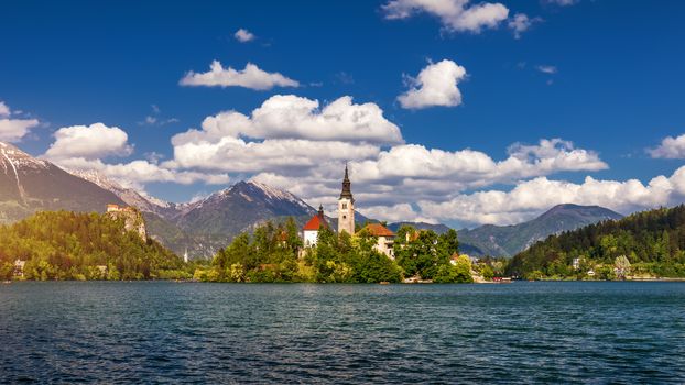 Lake Bled with St. Marys Church of Assumption on small island. Bled, Slovenia, Europe. The Church of the Assumption, Bled, Slovenia. The Lake Bled and Santa Maria Church near Bled, Slovenia.