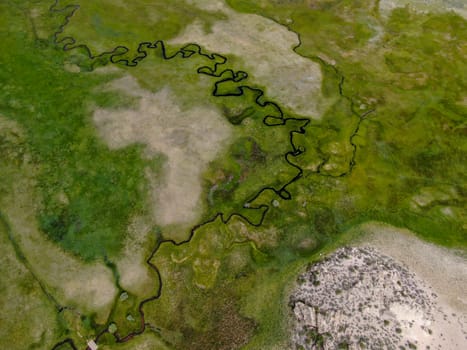 Aerial view of green land and small curve river in Aspen Springs, Mono County California, USA