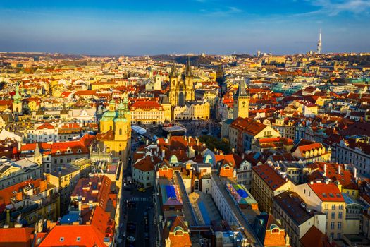 Aerial Prague panoramic drone view of the city of Prague at the Old Town Square, Czechia. Prague Old Town historical center of Prague, buildings and landmarks of old town, Prague, Czech Republic. 