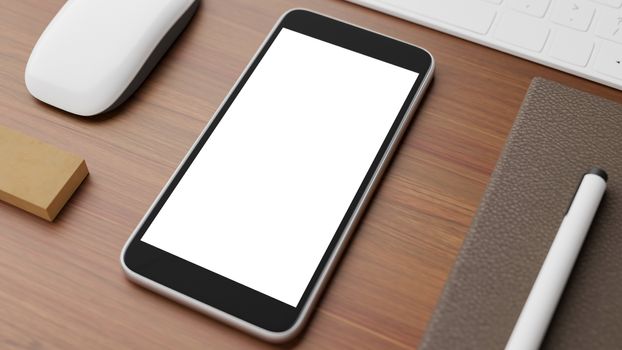 Copyspace of blank screen mockup mobile phone on wooden working table.