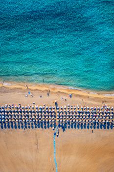 Aerial shot of beautiful turquoise beach Falasarna (Falassarna) in Crete, Greece. View of famous paradise sandy deep turquoise beach of Falasarna (Falassarna) in North West, Crete island, Greece.
