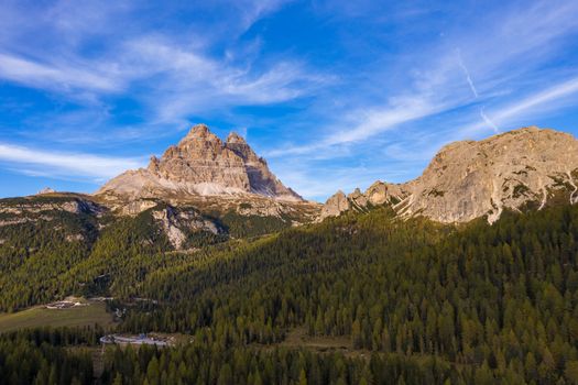 Aerial drone view of Lake Antorno (Lago di Antorno) located in Dolomites area, Belluno Province, Italy. Lake Antorno, Three Peaks of Lavaredo, Lake Antorno and Tre Cime di Lavaredo, Dolomites, Italy.