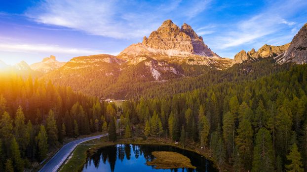 Aerial drone view of Lake Antorno (Lago di Antorno) located in Dolomites area, Belluno Province, Italy. Lake Antorno, Three Peaks of Lavaredo, Lake Antorno and Tre Cime di Lavaredo, Dolomites, Italy.