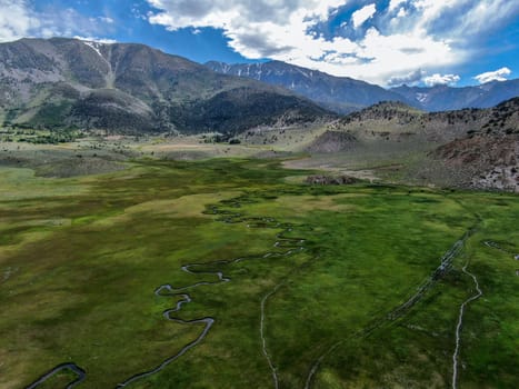 Aerial view of green land and small curve river with mountain in the background in Aspen Springs, Mono County California, USA