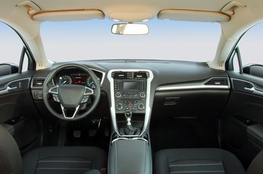 studio shot passenger car interior, front view
