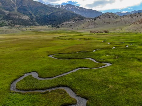 Aerial view of green land and small curve river with mountain in the background in Aspen Springs, Mono County California, USA