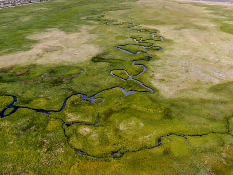 Aerial view of green land and small curve river in Aspen Springs, Mono County California, USA