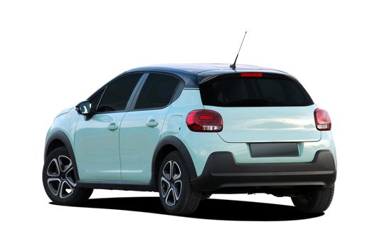 green hatchback on white background