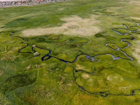 Aerial view of green land and small curve river in Aspen Springs, Mono County California, USA