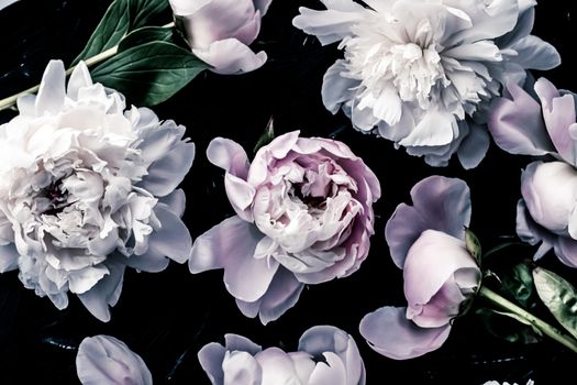 Pastel peony flowers as floral art background, botanical flatlay and luxury branding design