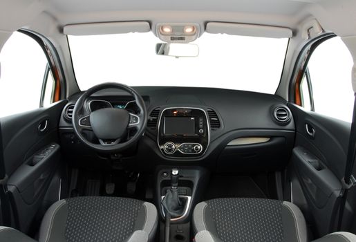 studio shot passenger car interior, front view