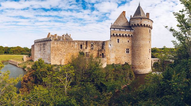 Panoramic view of Chateau de Suscinio, medieval castle, a former fortress & hunting lodge. Gulf of Morbihan, Brittany (Bretagne), France.