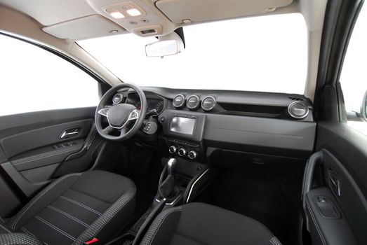 studio shot passenger car interior, front view