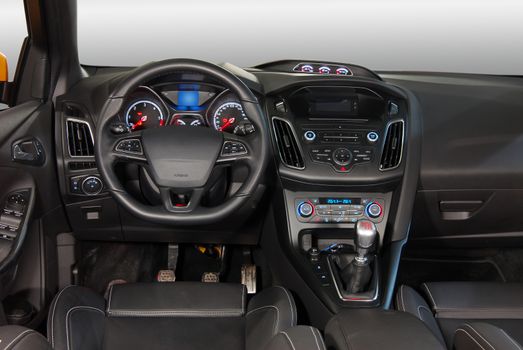 studio shot passenger car interior, front view