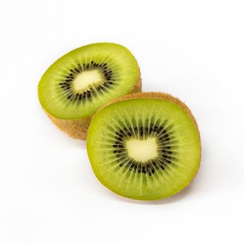 Close-up of a kiwi cut in half. Isolated on a white background. Copy space.