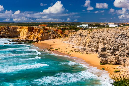 Panorama view of Praia do Tonel (Tonel beach) in Cape Sagres, Algarve, Portugal. Praia Do Tonel, beach located in Alentejo, Portugal. Ocean waves on Praia Do Tonel beach. View from Sagres fortress.