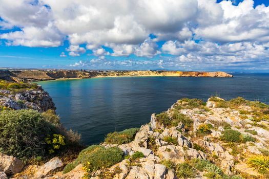 Portuguese coast, cliff into the Atlantic Ocean. Taken in Sagres, Faro, Algarve, Portugal. Beautiful coast of Portugal, Sagres.