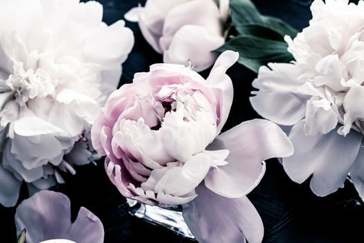 Pastel peony flowers as floral art background, botanical flatlay and luxury branding design