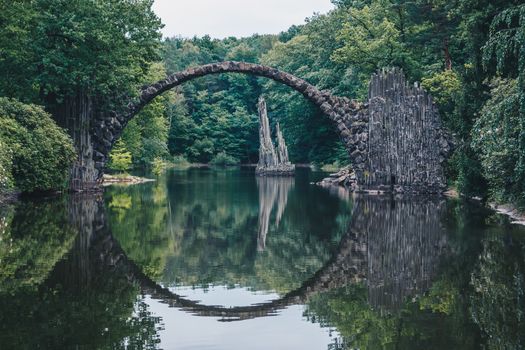 Rakotz bridge (Rakotzbrucke) also known as Devil's Bridge in Kromlau, Germany. Reflection of the bridge in the water create a full circle.