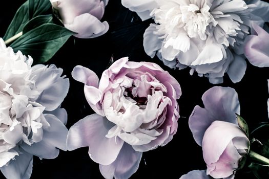 Pastel peony flowers as floral art background, botanical flatlay and luxury branding design