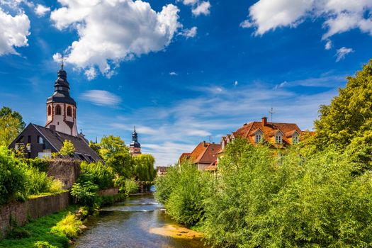 Market square with town hall and town hall tower, Ettlingen, Germany, Black Forest, Baden-Wuerttemberg, Germany, Europe. Downtown of Ettlingen town in Baden Wurttemberg, Germany.