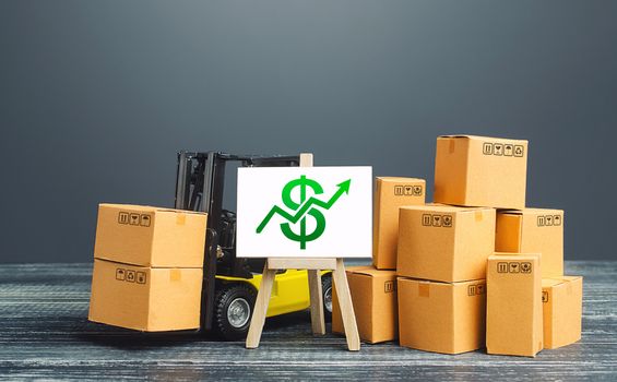 Forklift near boxes and easel with green dollar arrow up. Growth trade and production rates, increased sales. Economic growth, industry development. Marketing, price increases. High import export.