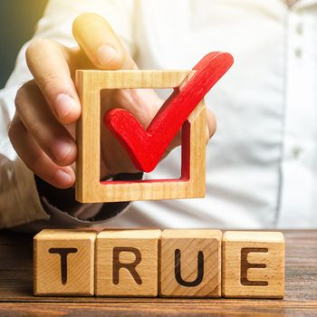 A man holds a red check mark over word True. Confirm the veracity and truth. Fight against fake news hostile propaganda. Confirmation facts, refutation of rumors. Debunking Myths and Misconceptions