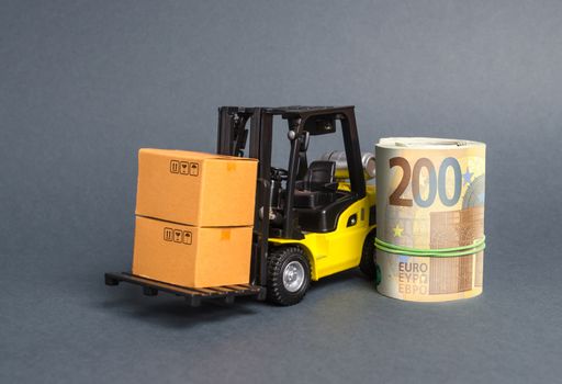 A forklift truck carries cardboard boxes and Euro roll. Transport company. Performance efficient. Trade and production of products and goods, balance import export. development of the global economy