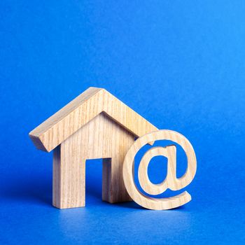 Email icon and house. Contacts for business, home page, home address. communication on Internet. Internet and global communication, digitalization of economy and processes. at commercial