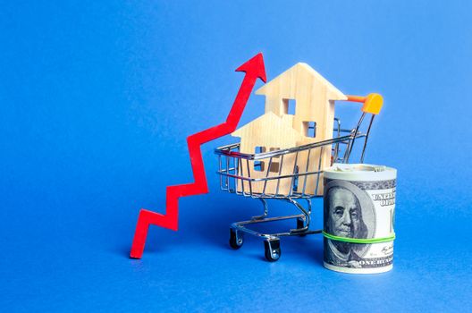 Two wooden houses in a trading cart and red arrow up and money bundle. Increasing cost and liquidity of real estate. Attractive investing. rising prices or renting. growth demand, rates of sales.