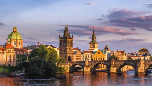 Famous iconic image of Charles bridge, Prague, Czech Republic. Concept of world travel, sightseeing and tourism.