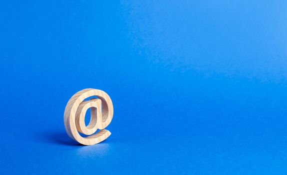 Email icon on blue background. internet correspondence. Contacts for business. Business tools. Internet and global communication, digitalization of economy and processes. at commercial