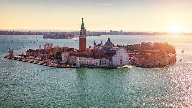 Aerial view at San Giorgio Maggiore island, Venice, Italy. Canal Grande with San Giorgio Maggiore church, Venice, Italy. The church of San Giorgio Maggiore on Isola San Giorgio, Venice