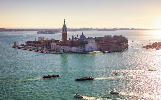 Aerial view at San Giorgio Maggiore island, Venice, Italy. Canal Grande with San Giorgio Maggiore church, Venice, Italy. The church of San Giorgio Maggiore on Isola San Giorgio, Venice