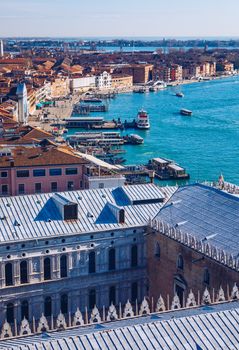 Venice panoramic aerial view with red roofs, Veneto, Italy. Aerial view of the Venice city, Italy. Venice is a popular tourist destination of Europe. Venice, Italy.