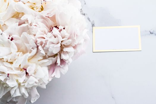 Glamorous business card or invitation mockup and bouquet of peony flowers, wedding and event branding design