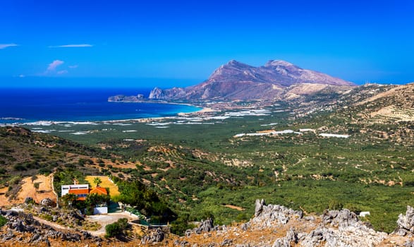 Shot of beautiful turquoise beach Falasarna (Falassarna) in Crete, Greece. View of famous paradise sandy deep turquoise beach of Falasarna (Phalasarna) in North West, Crete island, Greece.