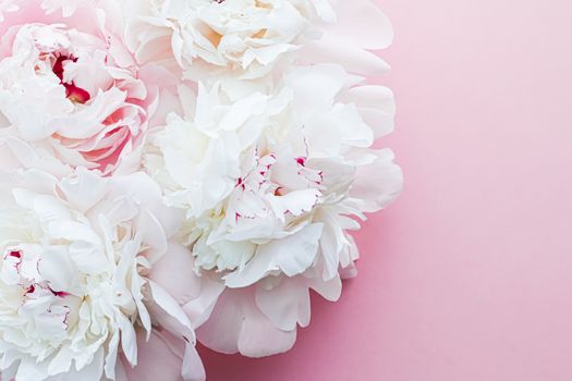 White peony flowers as floral art on pink background, wedding flatlay and luxury branding design