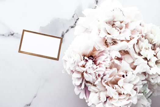 Glamorous business card or invitation mockup and bouquet of peony flowers, wedding and event branding design