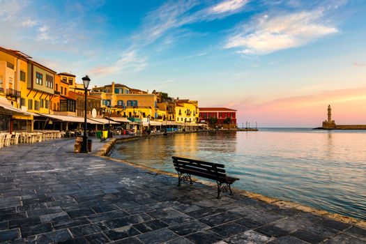 Picturesque old port of Chania. Landmarks of Crete island. Greece. Bay of Chania at sunny summer day, Crete Greece. View of the old port of Chania, Crete, Greece. The port of chania, or Hania. 