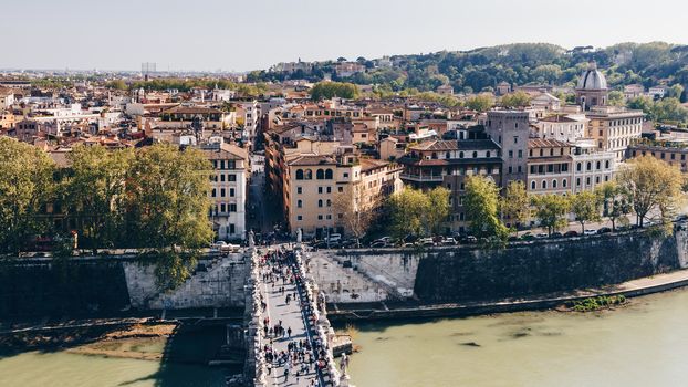 Rome, Italy. Ponte Sant Angelo, Castel Sant Angelo and Tiber River. Built by Hadrian emperor as mausoleum in 123AD ancient Roman Empire landmark.