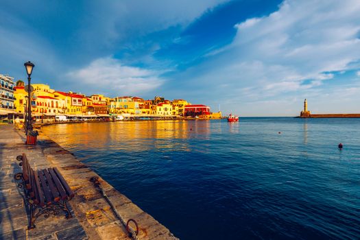 Picturesque old port of Chania. Landmarks of Crete island. Greece. Bay of Chania at sunny summer day, Crete Greece. View of the old port of Chania, Crete, Greece. The port of chania, or Hania. 