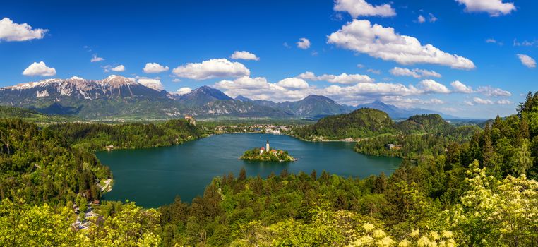 Lake Bled with St. Marys Church of Assumption on small island. Bled, Slovenia, Europe. The Church of the Assumption, Bled, Slovenia. The Lake Bled and Santa Maria Church near Bled, Slovenia.